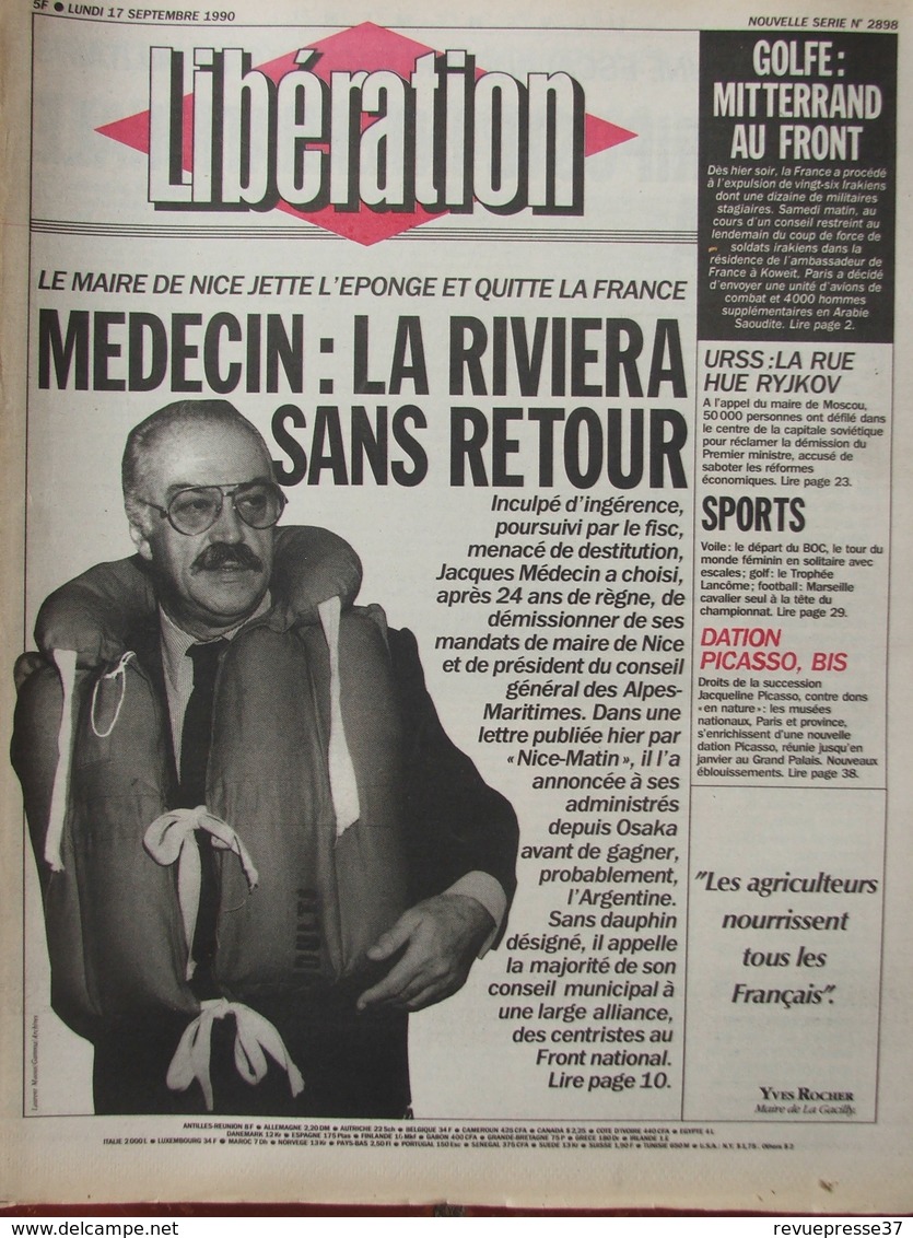 Libération 17 Sept 1990 Jacques Médecin - Dation Picasso - - 1950 à Nos Jours