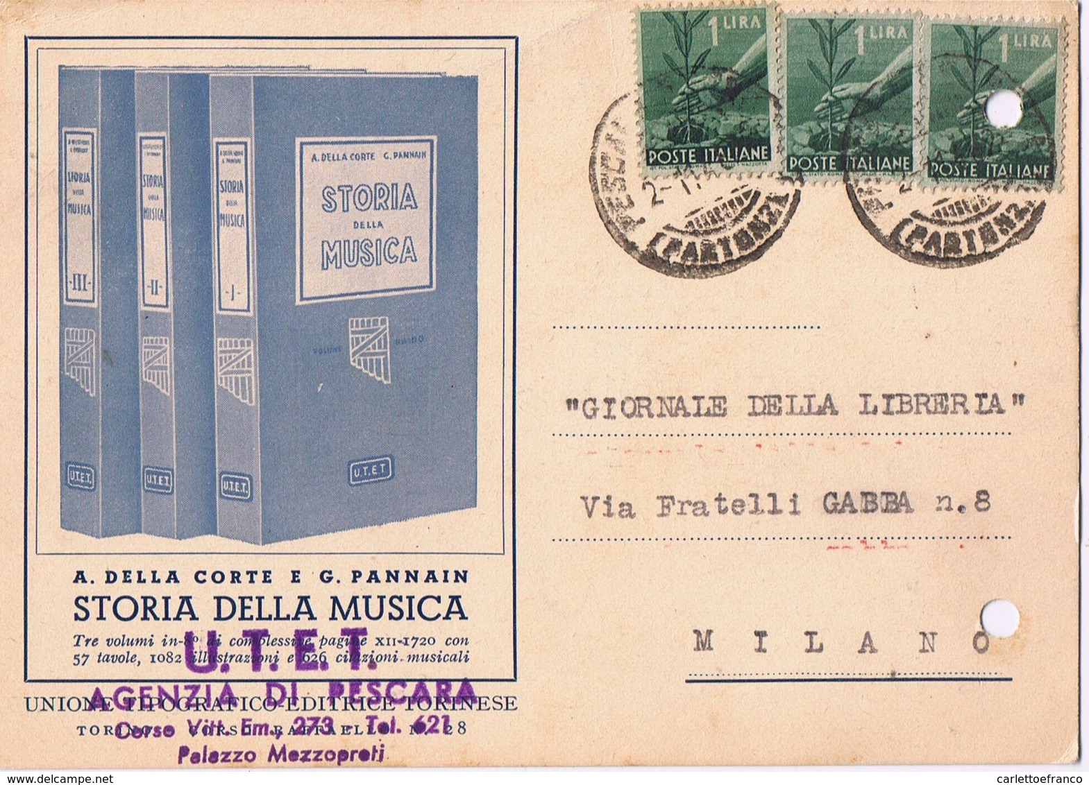 Cartolina Pubblicitaria Casa Editrice UTET - Storia Della Musica - Fori D' Archivio - 1946 - Shops