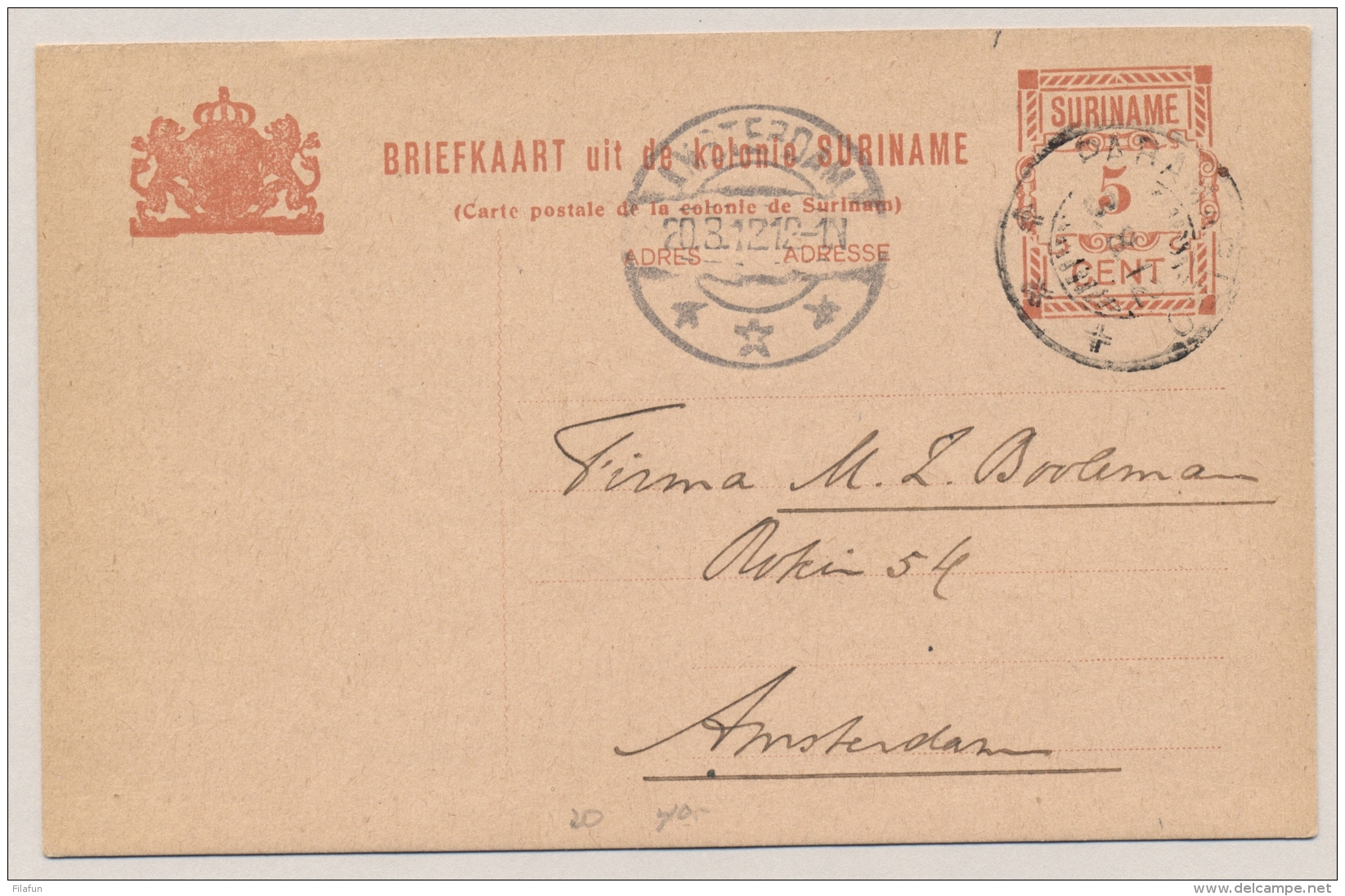 Suriname - 1912 - 5 Cent Briefkaart G20 Van Paramaribo Naar Amsterdam - Suriname ... - 1975