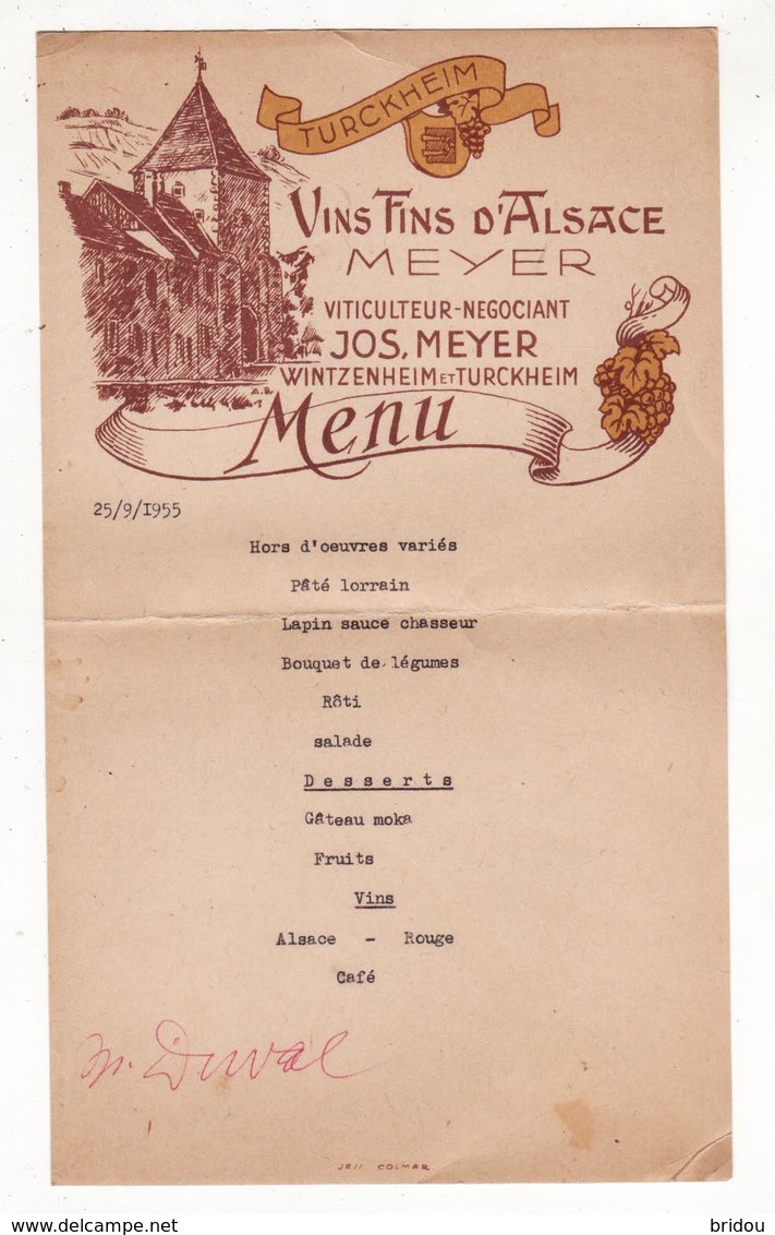 Menu Ancien   Viticulteur Meyer    TURCKHEIM    Haut Rhin    Septembre 1955 - Menus