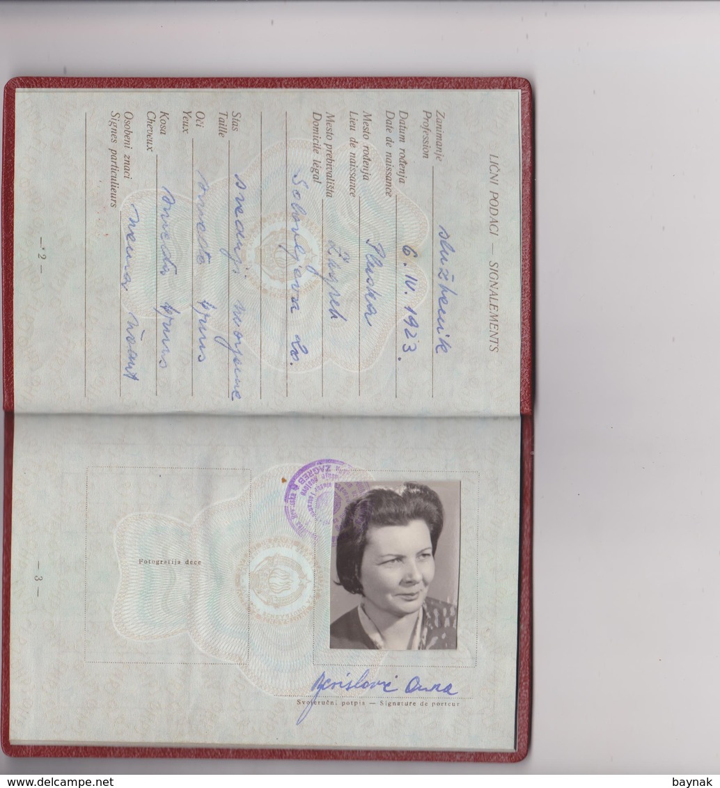 FNR11  -  F. N. R. YUGOSLAVIA  --  PASSPORT --  1962  --  LADY PHOTO  --  2 X VISA  ITALIA, FRANCE  /  WITH TAX STAMP - Historische Dokumente