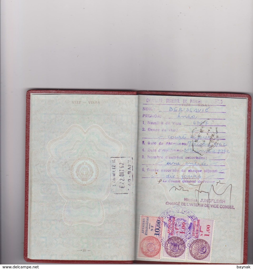 FNR11  -  F. N. R. YUGOSLAVIA  --  PASSPORT --  1962  --  LADY PHOTO  --  2 X VISA  ITALIA, FRANCE  /  WITH TAX STAMP