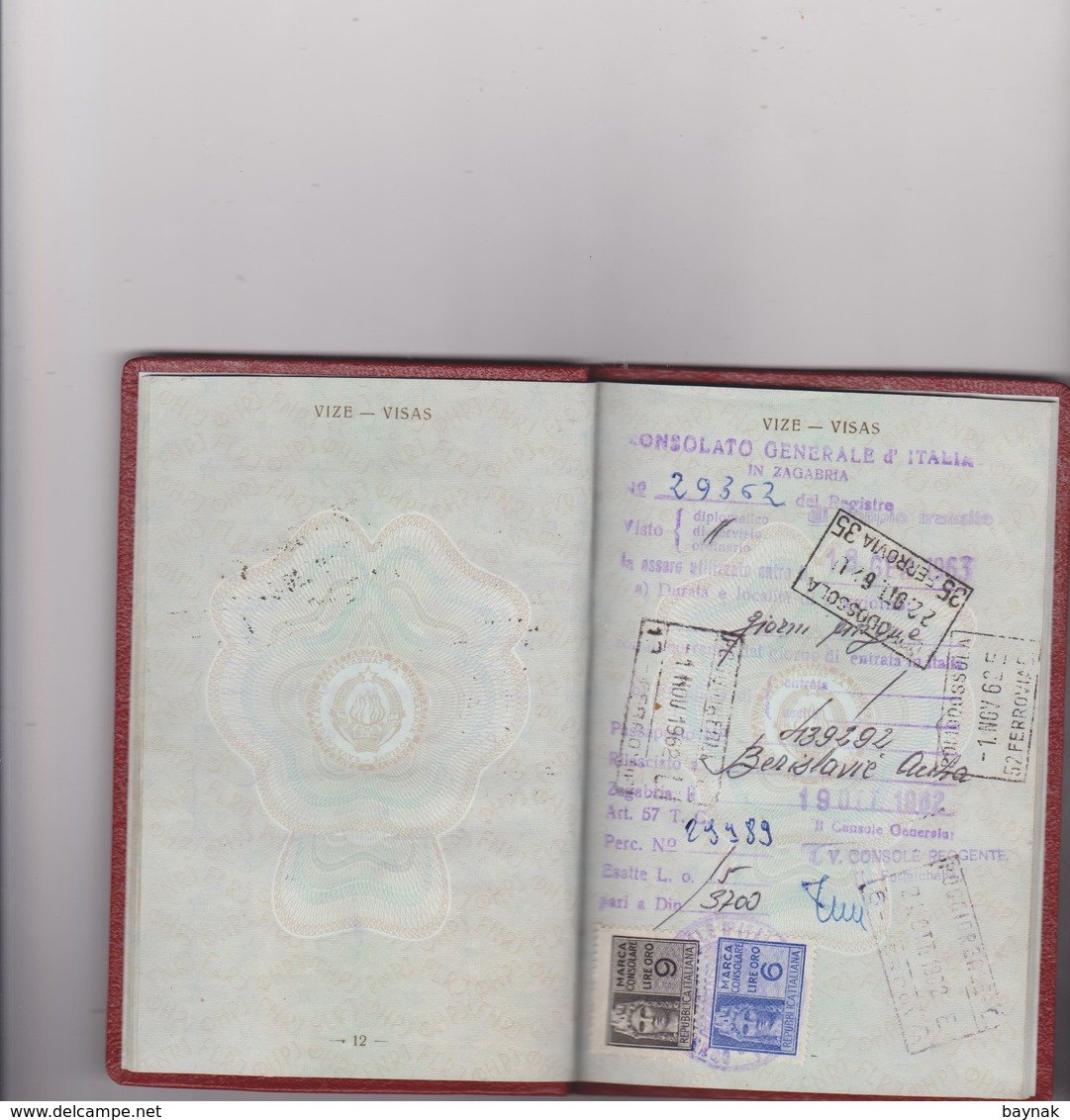 FNR11  -  F. N. R. YUGOSLAVIA  --  PASSPORT --  1962  --  LADY PHOTO  --  2 X VISA  ITALIA, FRANCE  /  WITH TAX STAMP
