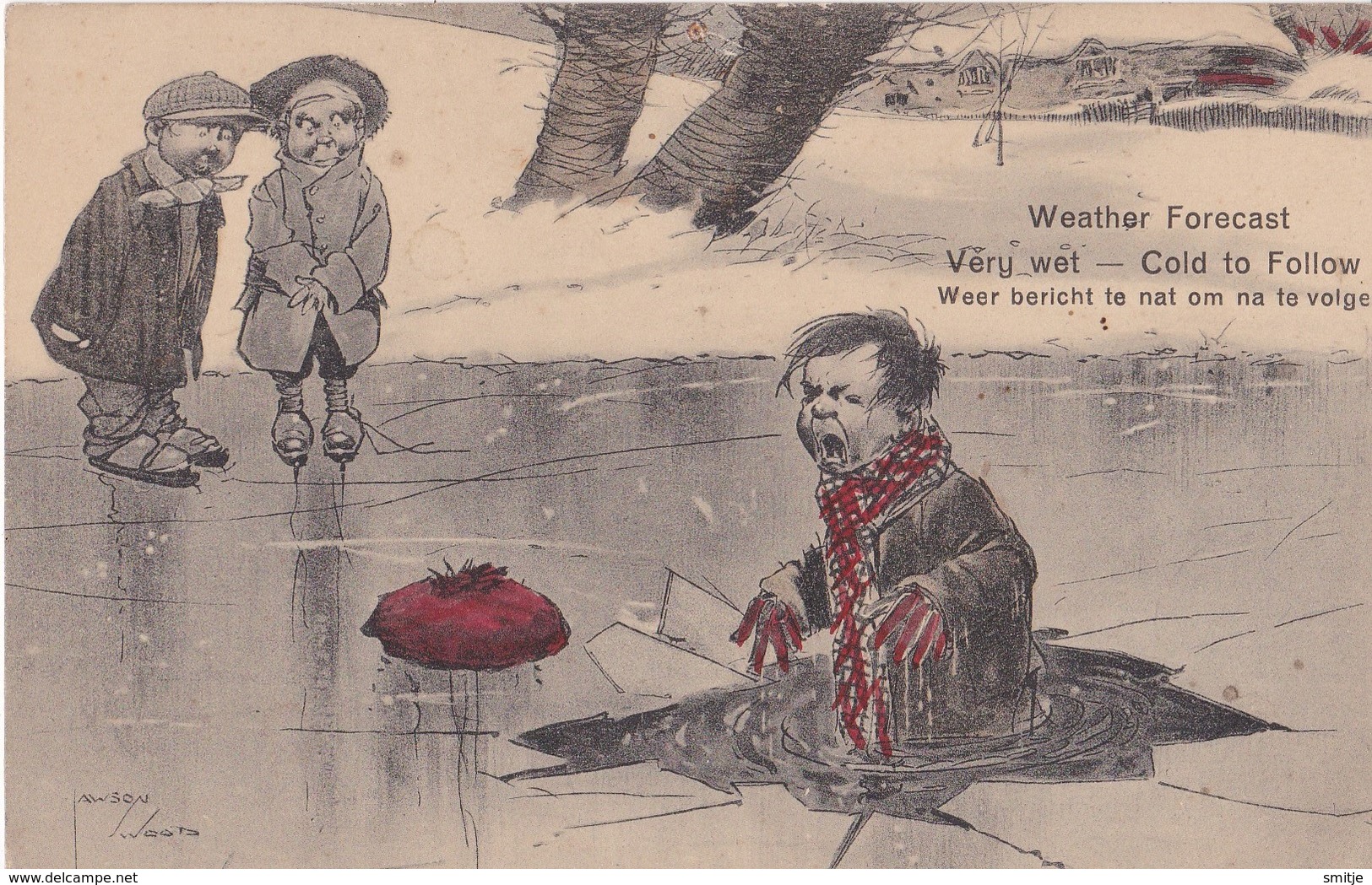 LAWSON WOOD ARTIST SIGNED OLD POSTCARD ICE-SKATING AND WEATHER FORECAST - Wood, Lawson