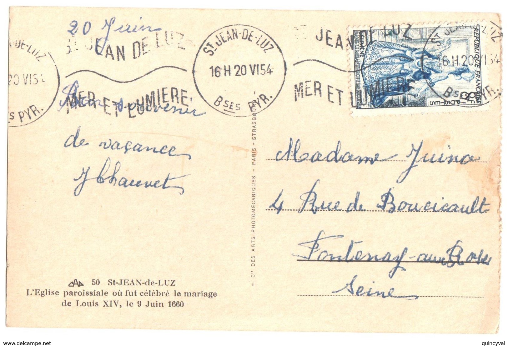 4570 St JEAN De LUZ Basses Pyrénées Carte Postale 8 F Céliméne  Ob Flamme 20 6 1954 - Storia Postale