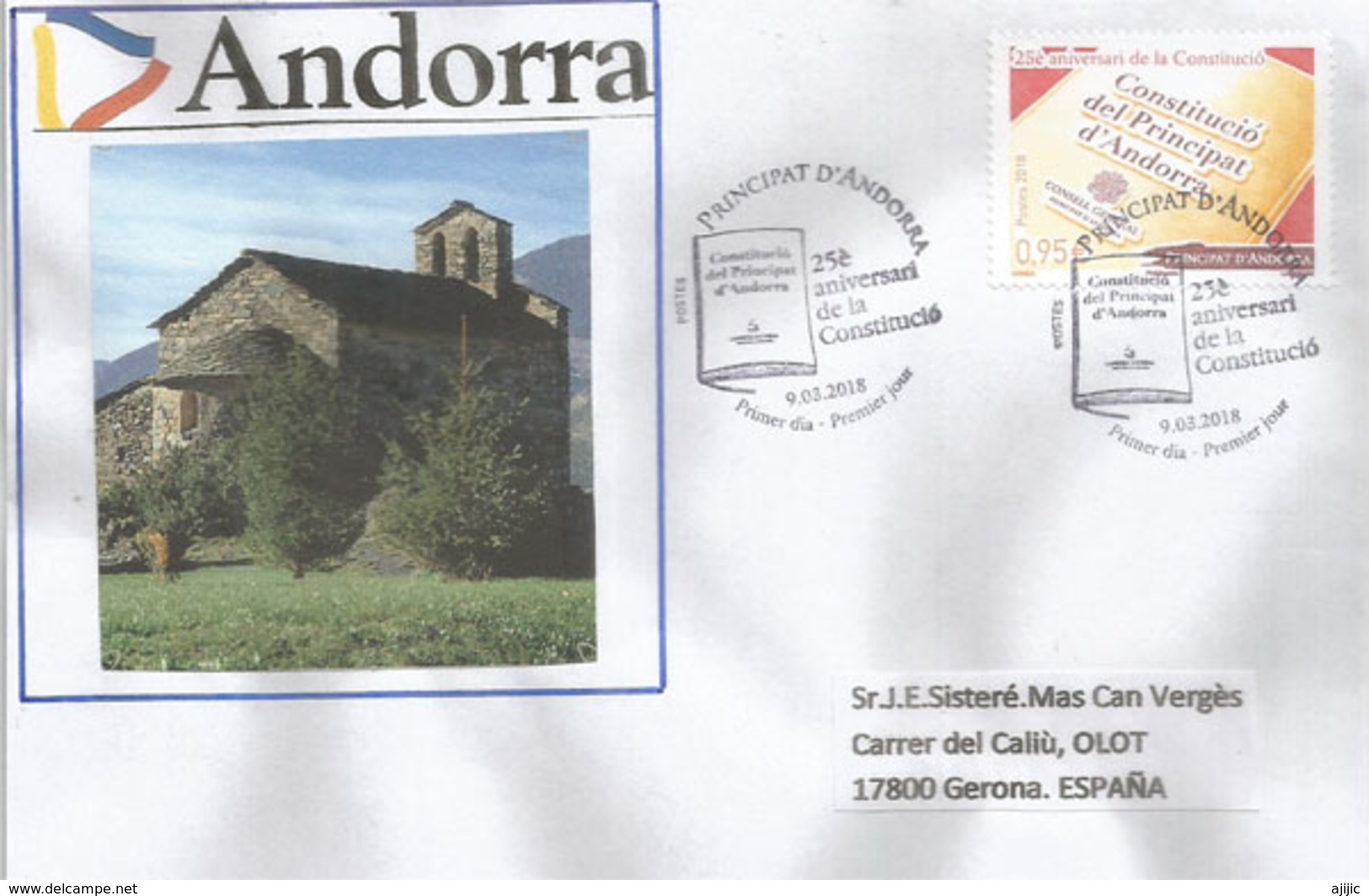 ANDORRA. 25 Ans De La Constitution Andorrane 2018. Lettre FDC - Lettres & Documents