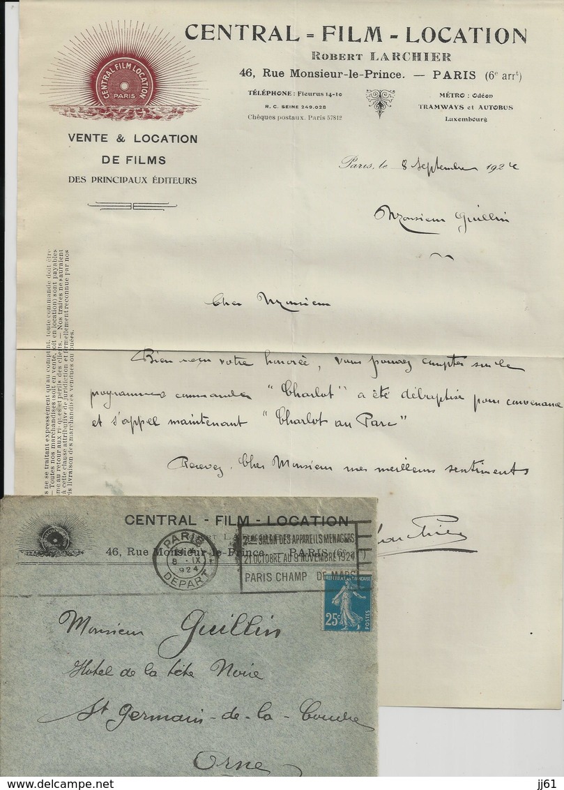 PARIS CENTRALE FILMS LOCATION ROBERT LARCHIER ENVELOPPE ET LETTRE ANNEE 1924 A SAINT GERMAIN  DE LA COUDRE ORNE - Autres & Non Classés