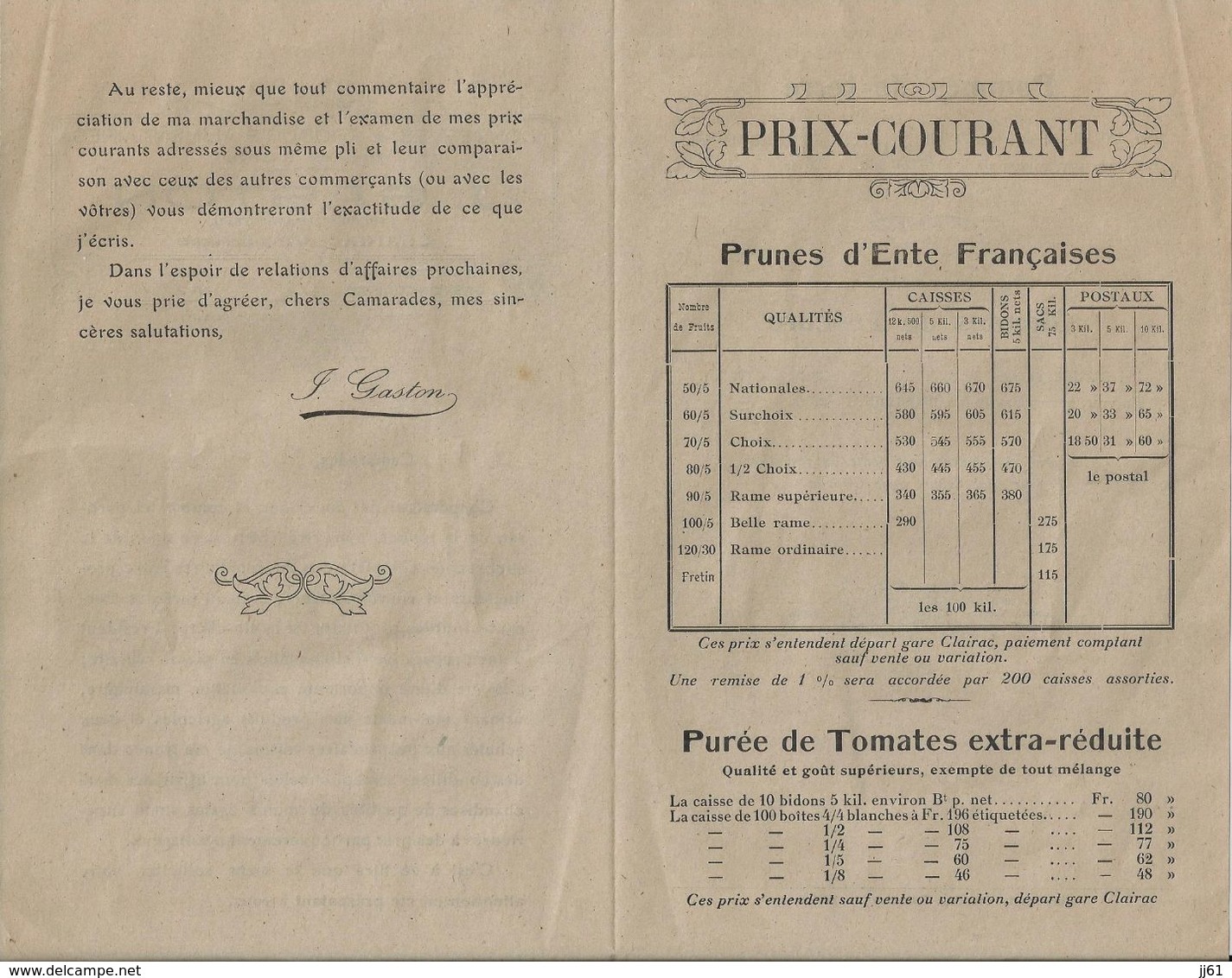 CLAIRAC J GASTON CONSERVES PRODUITS ALIMENTAIRES PRUNES D ENTE PRIX COURANT DEPART DE LA GARE ANNEE 1900 - Autres & Non Classés