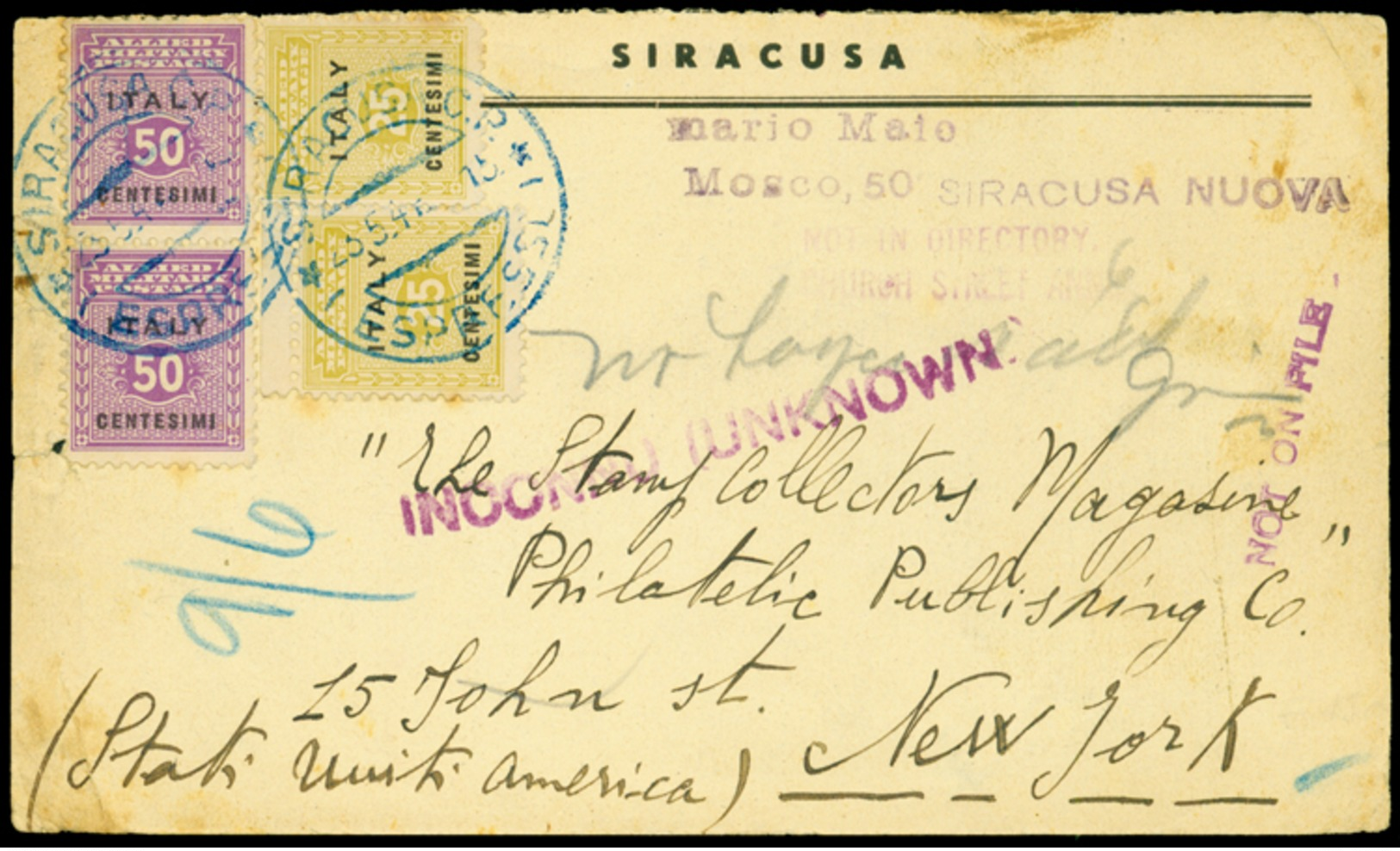 L Cartolina Commerciale Spedita Da Siracusa A New York Il 23.5.1944 Affrancata Con Due C.25 E Due C.50 (n.2,4). Bollo Di - Britisch-am. Bes.: Sizilien