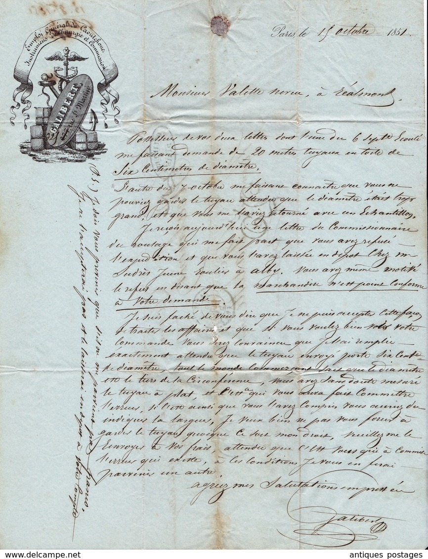 Lettre 1851 Paris Galibert Caoutchouc rue Saint Martin pour Réalmont Tarn Natural Rubber