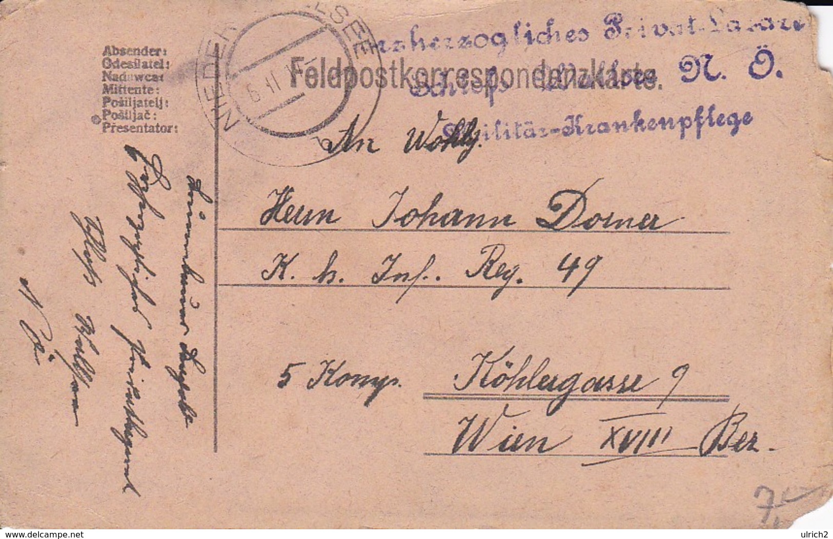 Feldpostkarte - Erzherzogliches Privat-Lazarett Schloß Waldsee N.Ö. Militär-Krankenpflege - 1917 (34611) - Briefe U. Dokumente