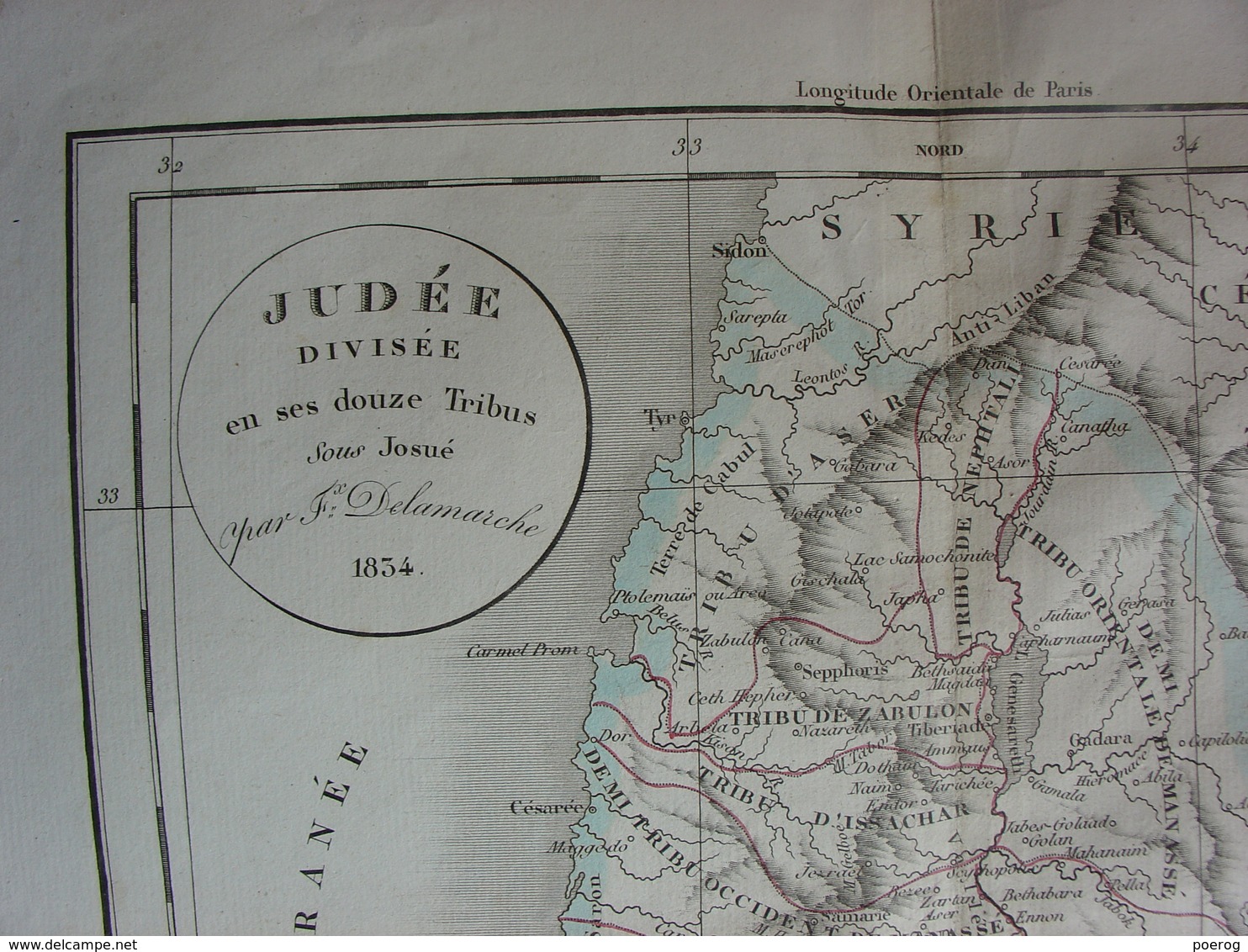 GRAVURE DE 1834 - CARTE JUDEE DIVISEE EN SES 12 TRIBUS SOUS JOSUE - DELAMARCHE - 41 X 31 - JUDEA ISRAEL JUDAICA JUIF - Cartes Géographiques