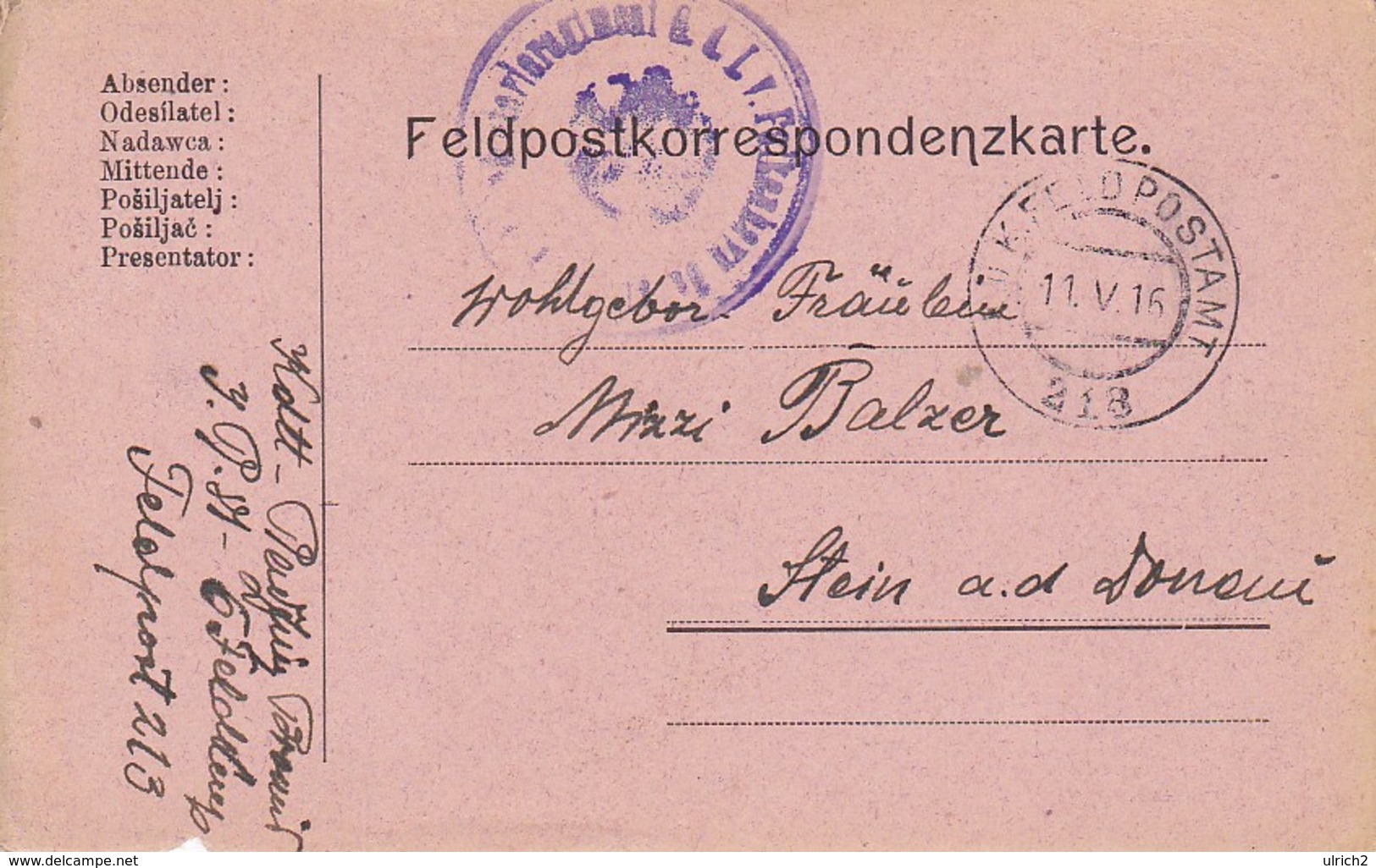 Feldpostkarte - Infanterieregiment G. D. I. V. Falkenhayn - Feldpost 213 - 1916 (34615) - Briefe U. Dokumente