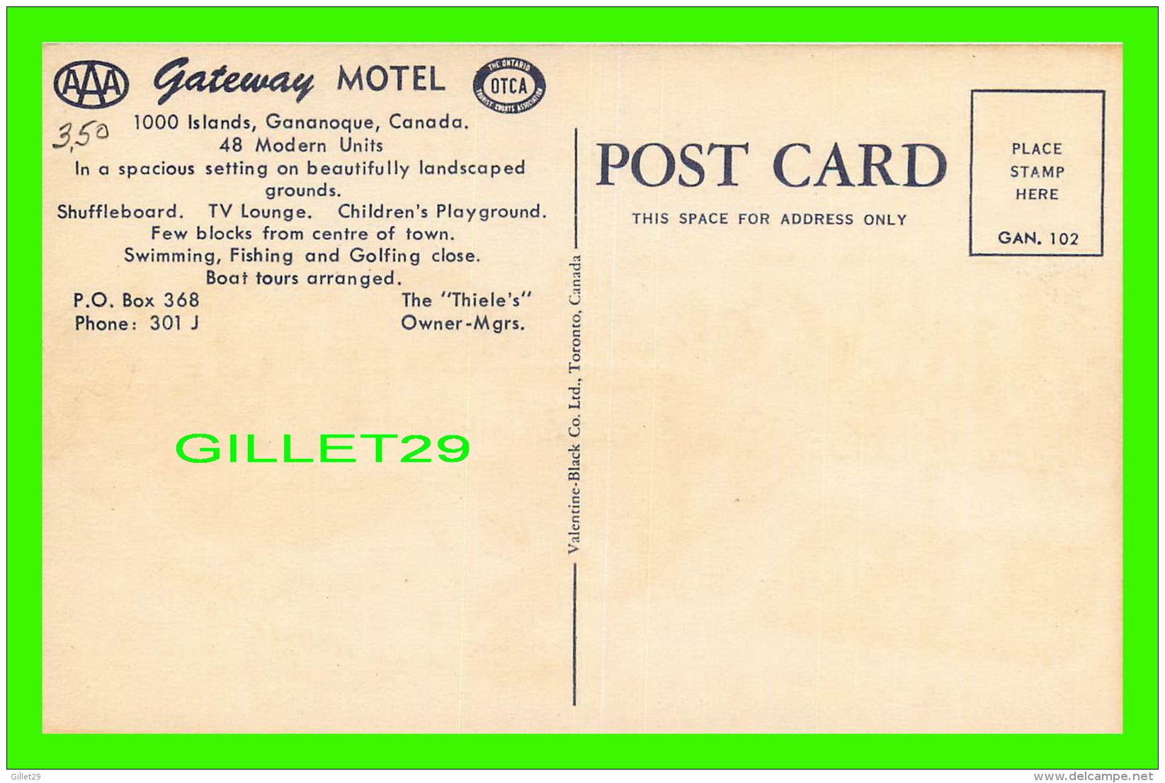 GANANOQUE, ONTARIO - GATEWAY MOTEL - VALENTINE-BLACK CO LTD - - Gananoque