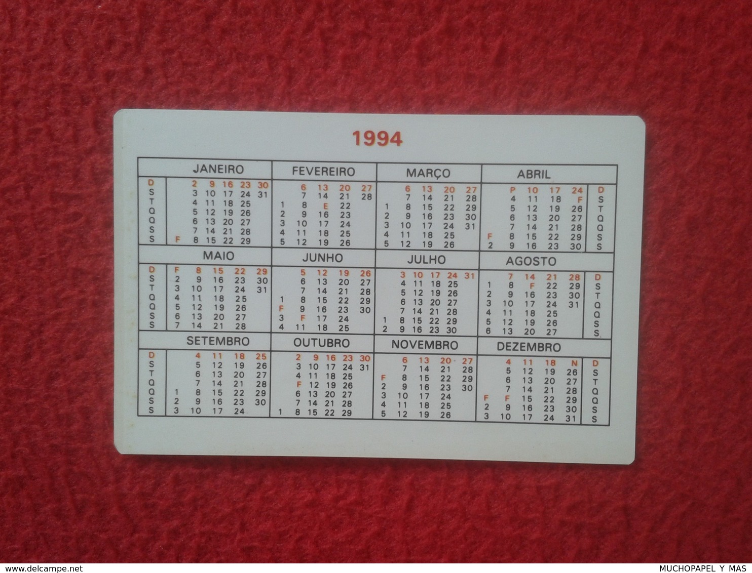 CALENDARIO DE BOLSILLO MANO PORTUGAL PORTUGUESE CALENDAR 1994 JORNAL DE NOTICIAS VER FOTO/S Y DESCRIPCIÓN. IDEAL COLECCI - Tamaño Pequeño : 1991-00