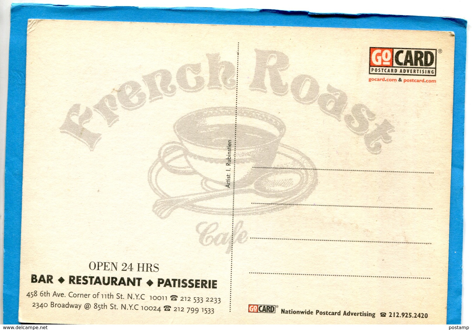 FRENCH ROAST-Bar-restaurant-patisserie -open 24 H-2340 Broadway -années 60- Editor Co Card -rubinstein - Broadway