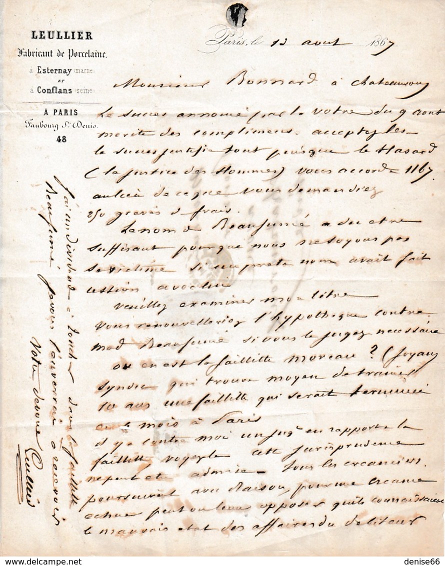 1867 - LEULLIER - Fabricant De PORCELAINE à ESTERNAY Et à CONFLANS  - A PARIS Fbg St Denise - Documents Historiques