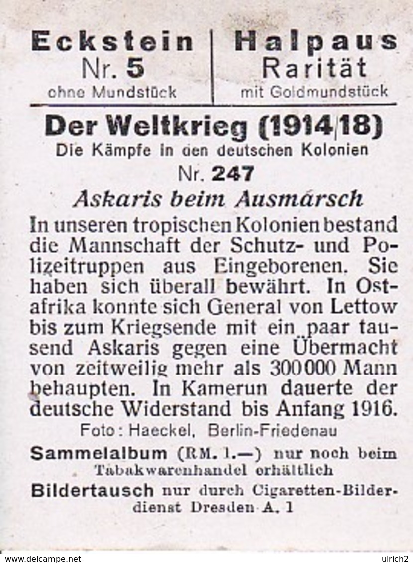 Sammelbild Eckstein Halpaus - Der Weltkrieg - Deutsche Kolonien - Askaris Beim Ausmarsch - Nr. 247 - 6*4,5cm (34629) - 1914-18
