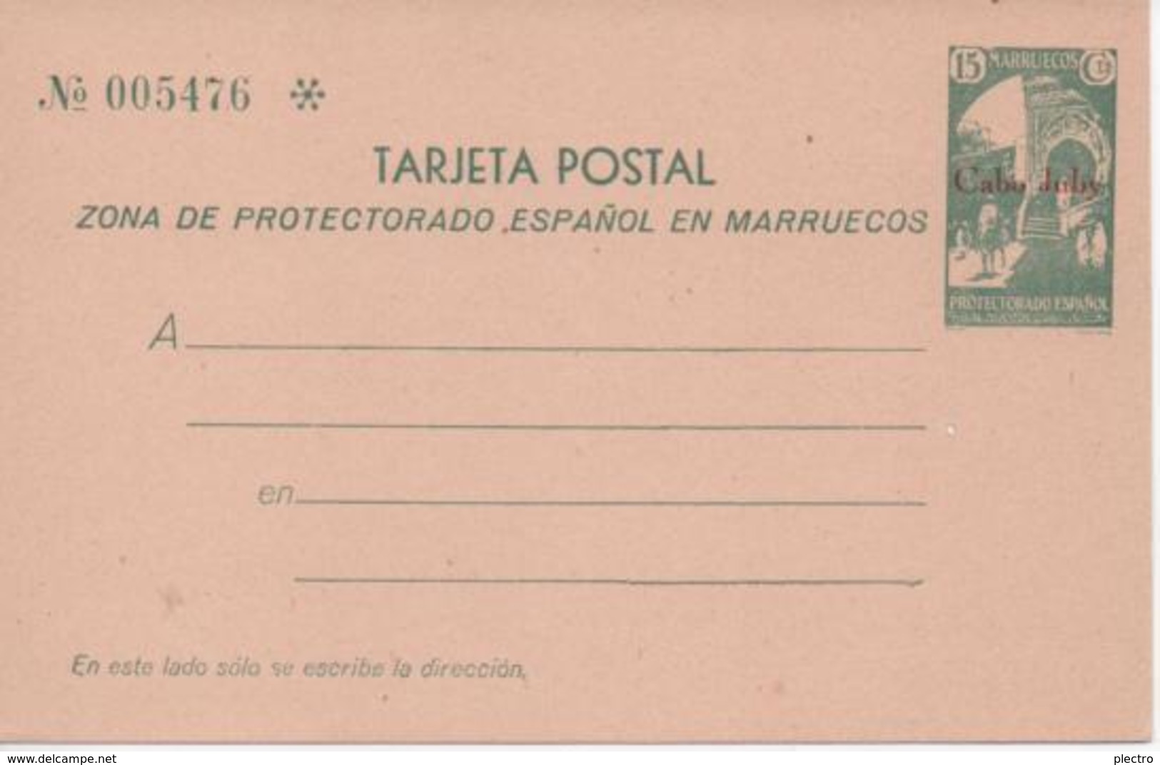 Tarjeta Entero Postal De Cabo Juby, 15 Cts., Verde, Con Sobrecarga Roja, Nº 005476 - Cabo Juby