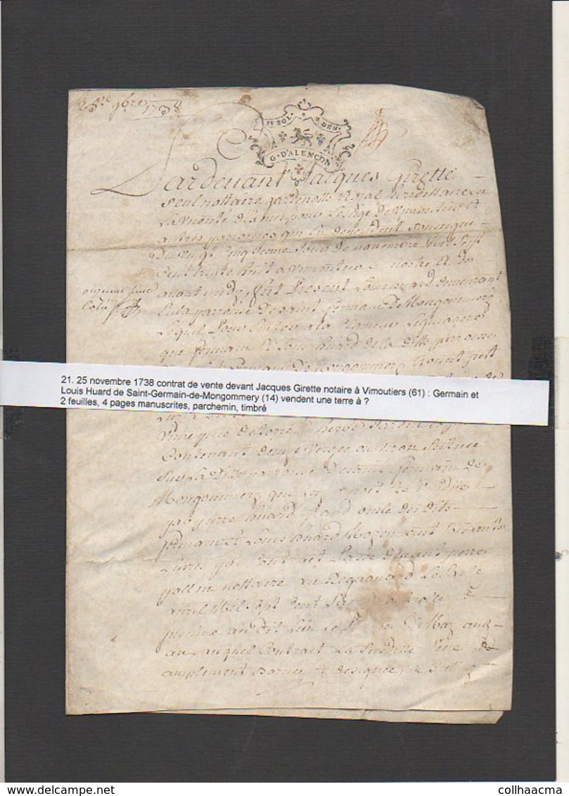 1738 Généralité Alençon,vente,Notaire Vimoutiers,Familles Huard De Saint Germain De Montgommery 14 Vend Terre à ? ... - Manuscrits
