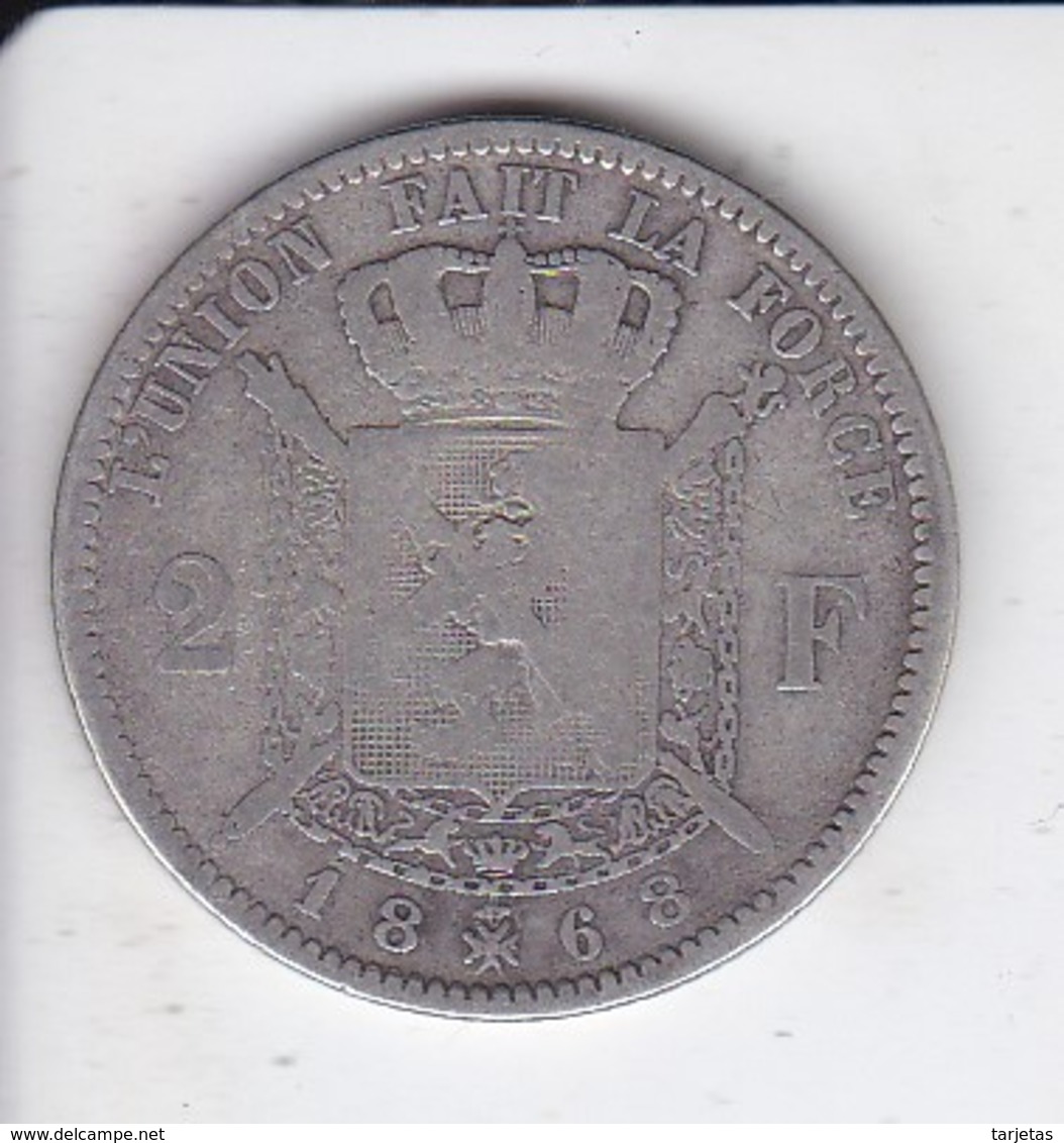 MONEDA DE PLATA DE BELGICA DE 2 FRANCS DEL AÑO 1868  (COIN) SILVER-ARGENT - 2 Francs