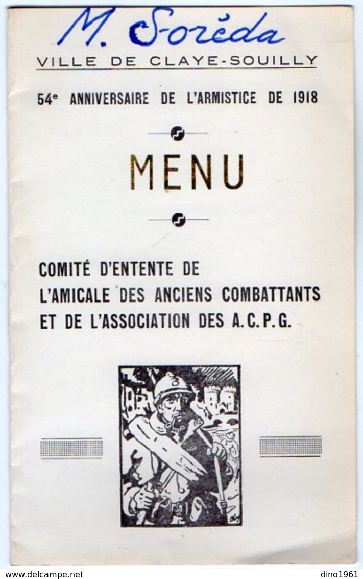 VP12.003 - MILITARIA - Menu - Ville De CLAYE SOUILLY - 54 E Anniversaire De L'Armistice De 1918 - Menu