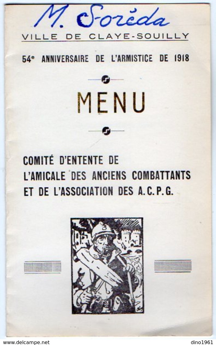 VP12.003 - MILITARIA - Menu - Ville De CLAYE SOUILLY - 54 E Anniversaire De L'Armistice De 1918 - Menus