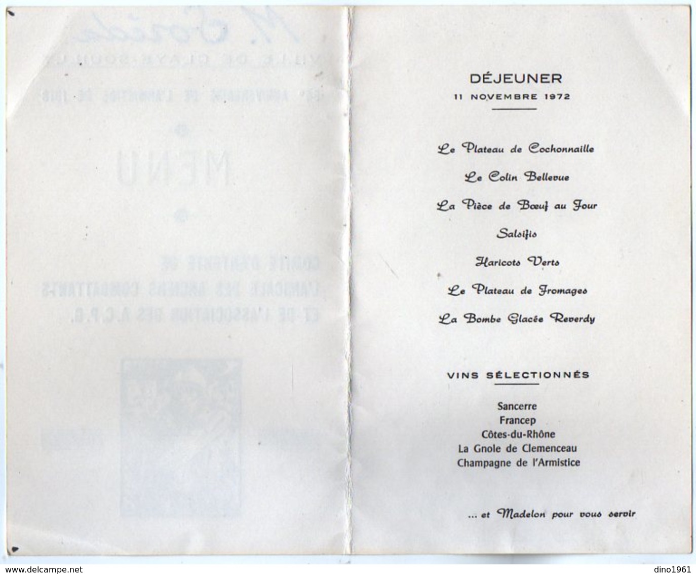 VP12.003 - MILITARIA - Menu - Ville De CLAYE SOUILLY - 54 E Anniversaire De L'Armistice De 1918 - Menu