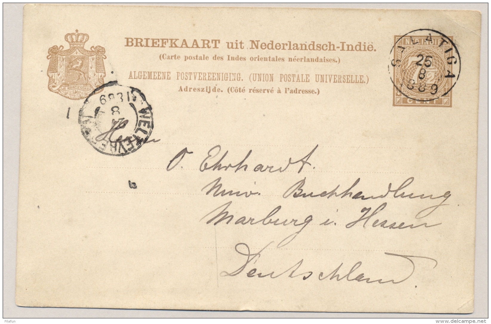 Nederlands Indië - 1889 - 7,5 Cent Cijfer, Briefkaart G9 Van Kleinrond SALATIGA Via Weltevreden Naar Marburg / Dld - Nederlands-Indië