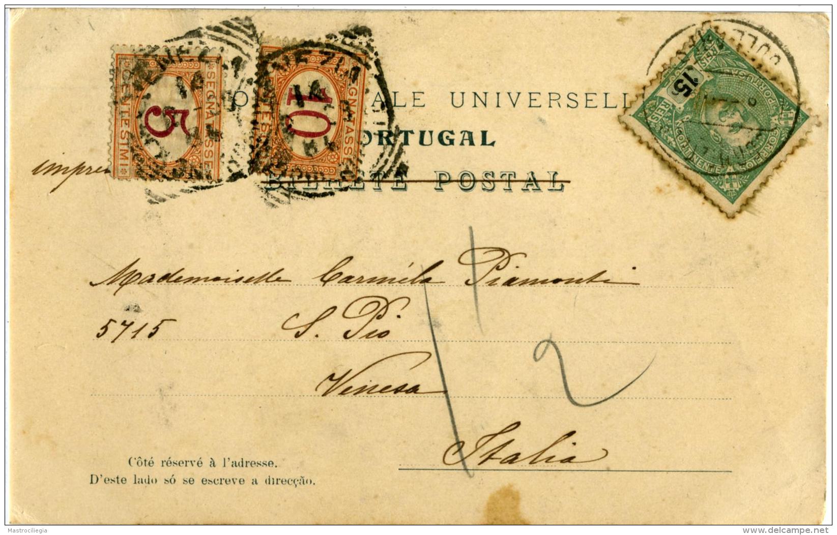 SEGNATASSE 10 + 5 Cent. Da Portogallo Portugal Per Venezia 1904  Card Mosteiro Da Batalha - Segnatasse