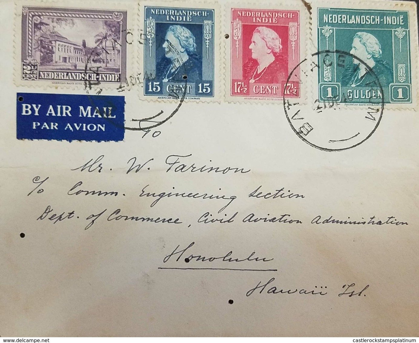 O) 1946 NETHERLANDS INDIES, QUEEN WILHEMINA SCOTT A34-SCOTT A35 - 15 CENTS  17 -1/2 CENT-1G, AIRMAIL TO HAWAII - Indes Néerlandaises