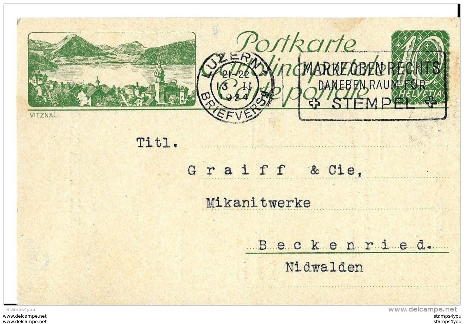 III24 - Entier Postal  Privé 10cts Avec Illustration "Vitznau" Oblit Mécanique 1924 - Interi Postali