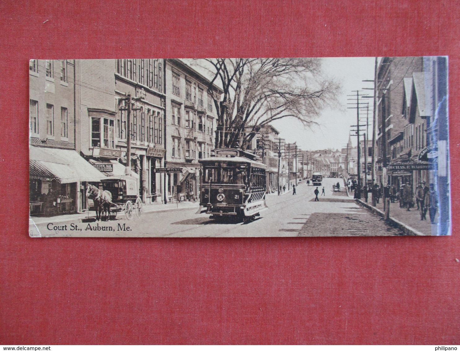 - Maine > Auburn Trolly On Court Street--- Odd Size--approx 2 1/5 X 6 1/4-- Scotch Tape Right Border  Ref 2951 - Auburn