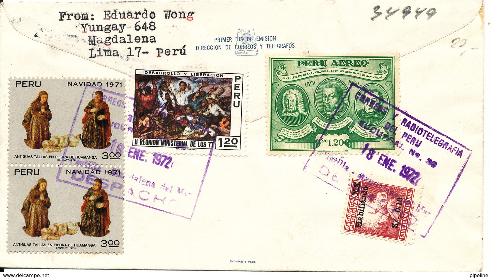 Peru FDC Exfilima 71 6-11-1971 Uprated On The Backside Of The Cover And Sent Registered To Norway 1972 - Peru