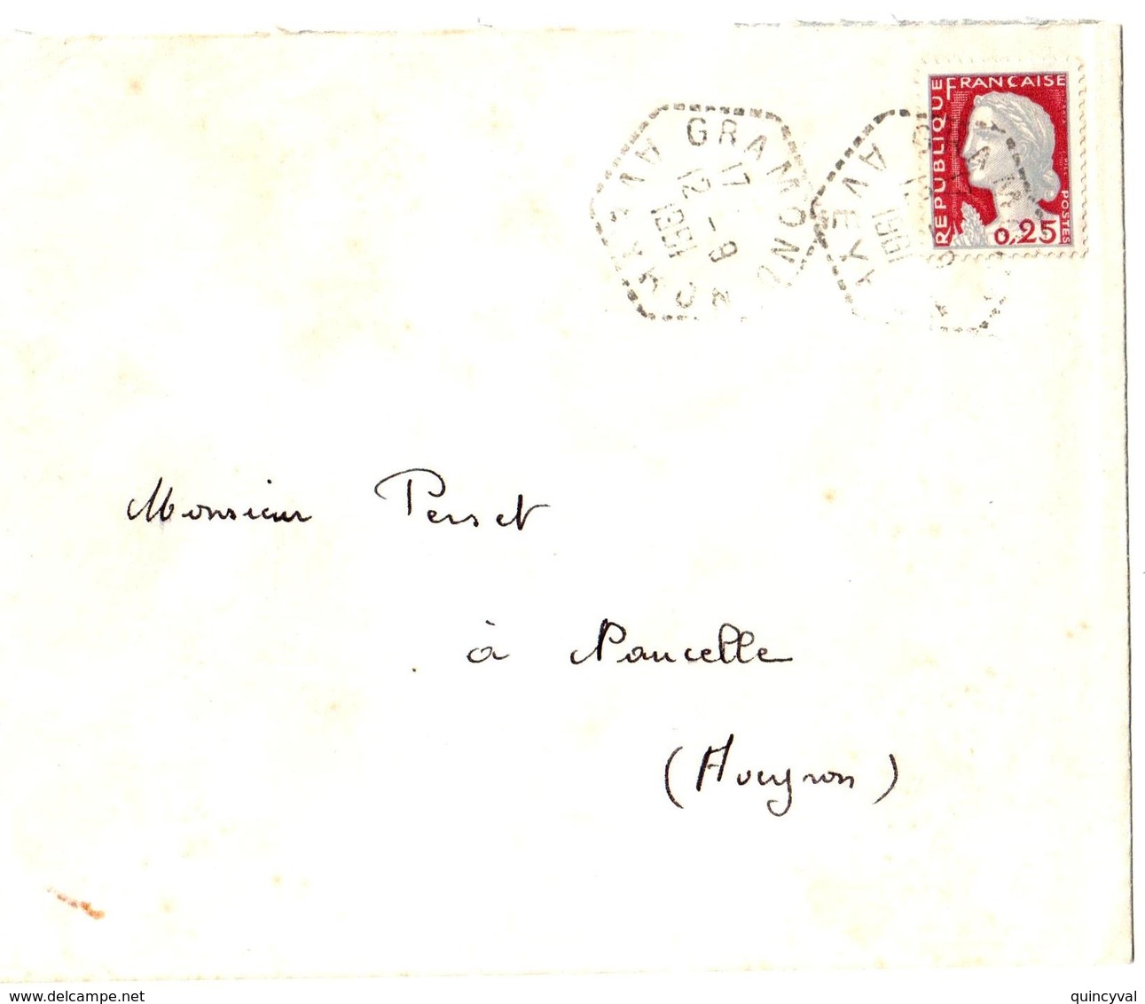 4560 GRAMONT Aveyron Lettre 25c Decaris Yv 1263 Ob 1961 Agence Postale Lautier F7 - Manual Postmarks