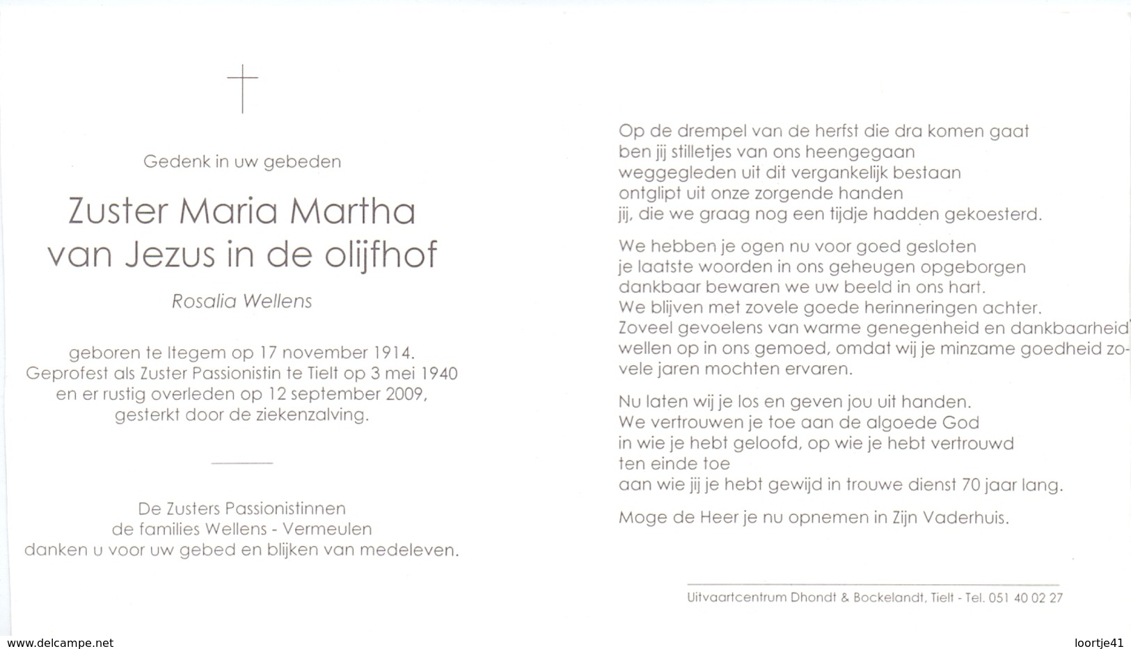 Devotie - Doodsprentje Non Zuster Maria Martha - Rosalia Wellens - Itegem 1914 - Tielt 2009 - Todesanzeige