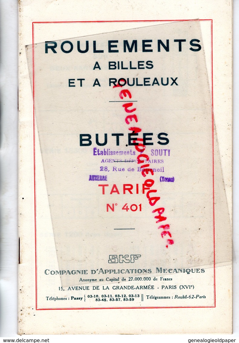 75- PARIS- 89- AUXERRE- CATALOGUE SKF- COMPAGNIE APPLICATIONS MECANIQUES-ROULEMENTS BILLES ROULEAUX-BUTEES-P. SOUTY-1930 - Automobil