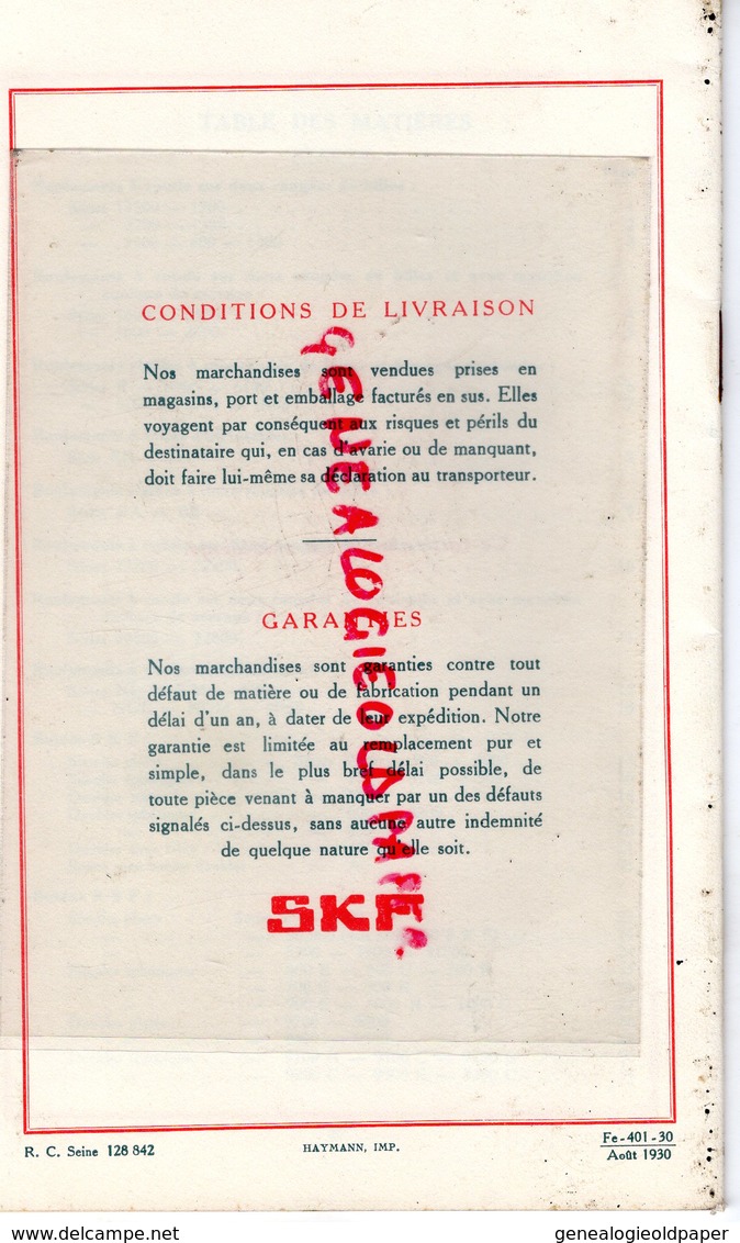 75- PARIS- 89- AUXERRE- CATALOGUE SKF- COMPAGNIE APPLICATIONS MECANIQUES-ROULEMENTS BILLES ROULEAUX-BUTEES-P. SOUTY-1930 - Automobile