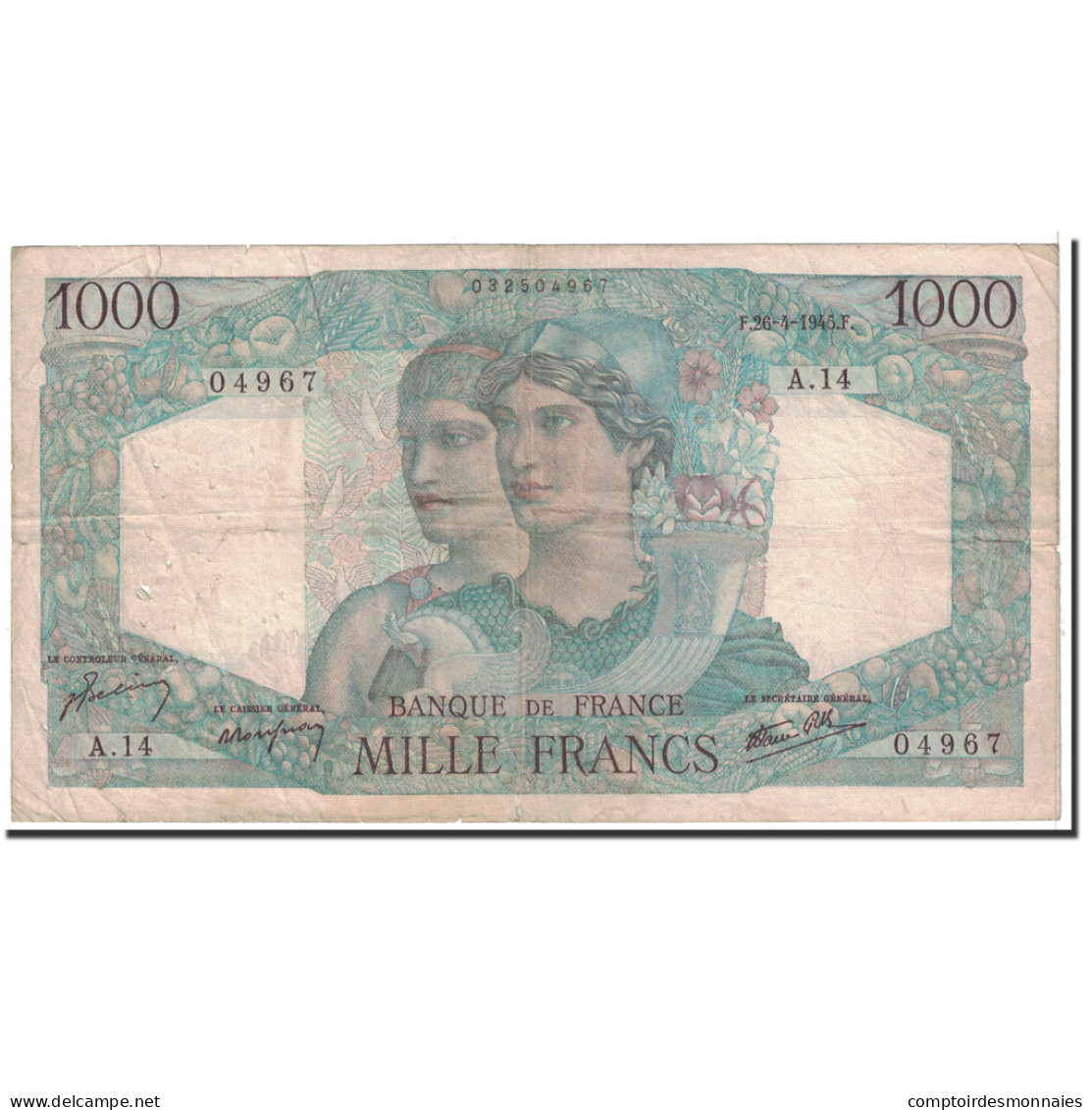 France, 1000 Francs, 1945, 1945-04-26, TB, Fayette:41.2, KM:130a - 1 000 F 1927-1940 ''Cérès Et Mercure''