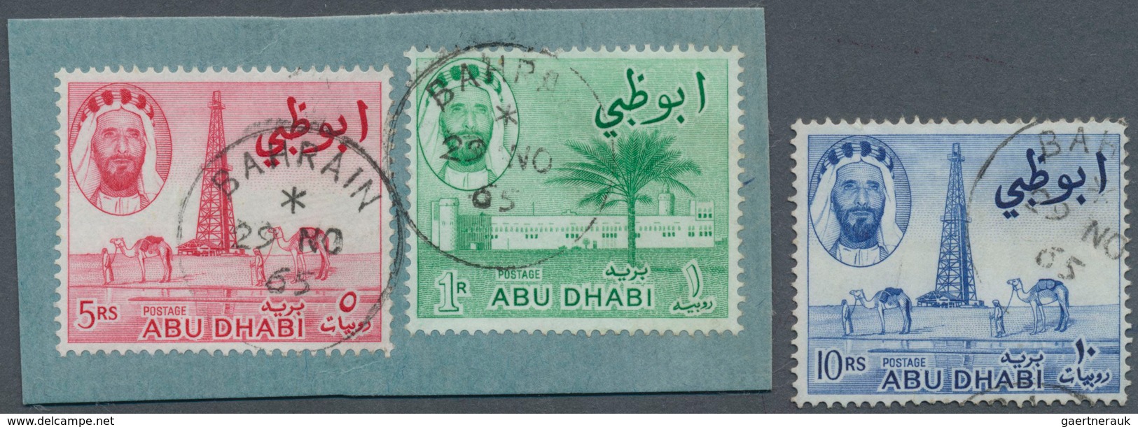 08000 Abu Dhabi: 1964 'Sheikh Shakhbut Bin Sultan' 1r., 5r. And 10r. All USED IN BAHRAIN, 1r. And 5r. Tied - Abu Dhabi