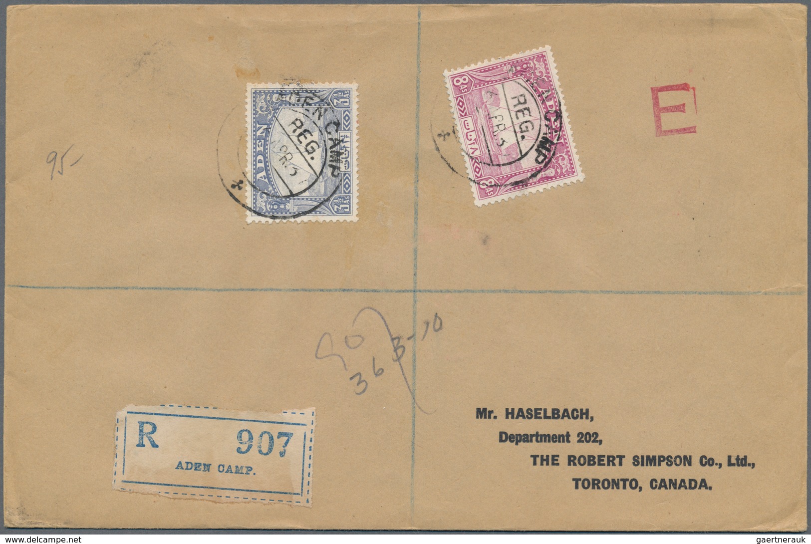 08005 Aden: 1937 Registered Cover From Aden-Camp To Toronto, CANADA Franked By Dhows 3½a. And 8a. Tied By - Yemen
