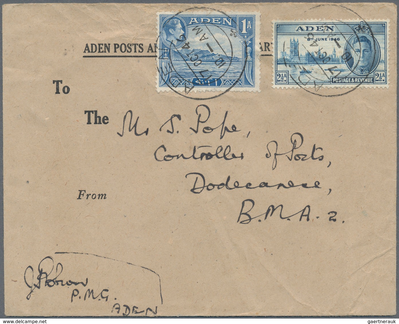 08007 Aden: 1946: Cover From The P.M.G. Aden (Aden P&T Dept. Envelope) To The Controller Of Posts, Dodecan - Yémen