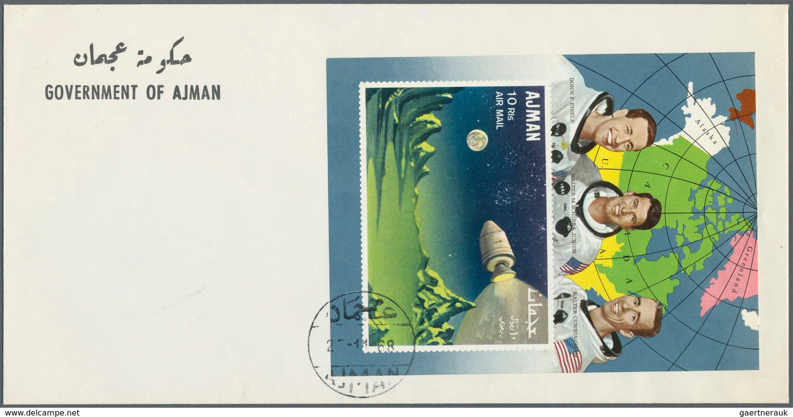 08013 Adschman / Ajman: 1968, Apollo 7, 5dh. to 15r., complete set each as de luxe sheets (coloured/illust