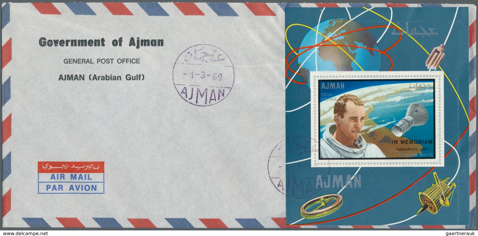 08014 Adschman / Ajman: 1969, SPACE (Apollo 9+10, Gagarin, White), Four Souvenir Sheets With Overprint, Ea - Ajman