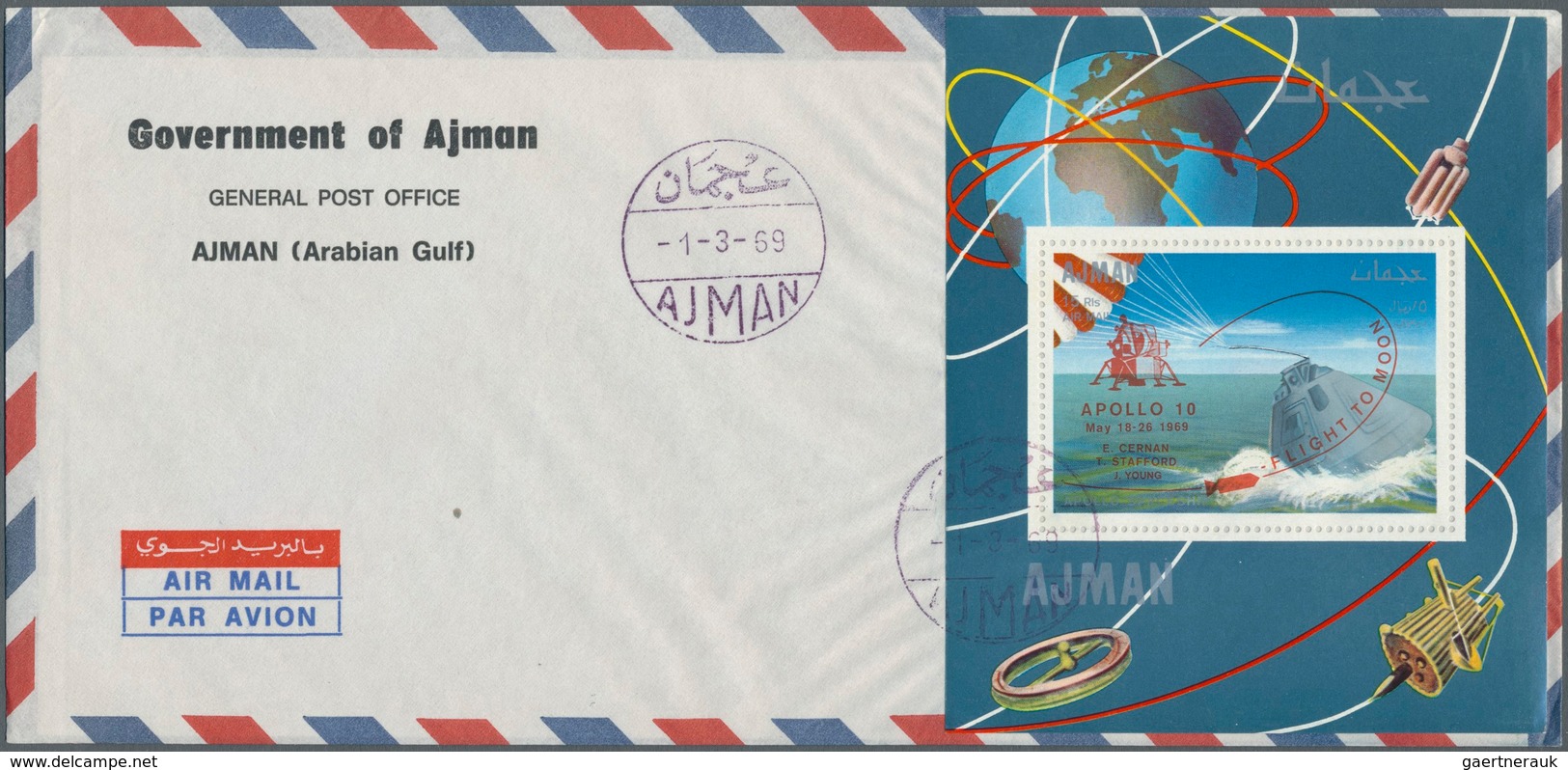 08014 Adschman / Ajman: 1969, SPACE (Apollo 9+10, Gagarin, White), Four Souvenir Sheets With Overprint, Ea - Adschman