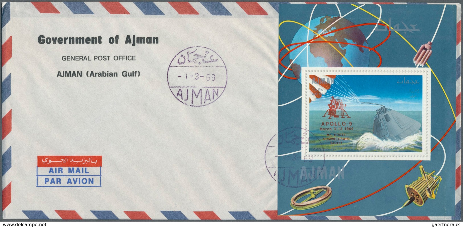 08014 Adschman / Ajman: 1969, SPACE (Apollo 9+10, Gagarin, White), four souvenir sheets with overprint, ea