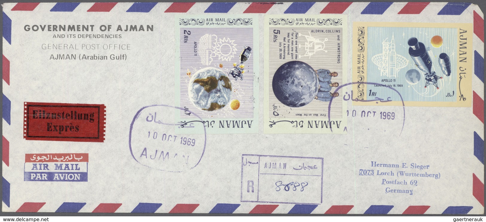 08016 Adschman / Ajman: 1969, 1st Manned Moon Landing, complete set perf./imperf., complete set of three d