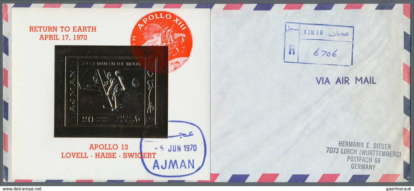 08017 Adschman / Ajman: 1970, GOLD ISSUE 20r. "FIRST MAN ON MOON" With Red Overprint, Souvenir Sheet On Re - Ajman