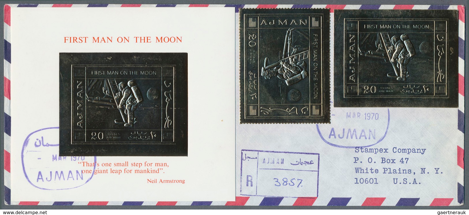 08018 Adschman / Ajman: 1970, GOLD ISSUE 20r. "FIRST MAN ON MOON", Perf./imperf. Stamp And The Souvenir Sh - Ajman