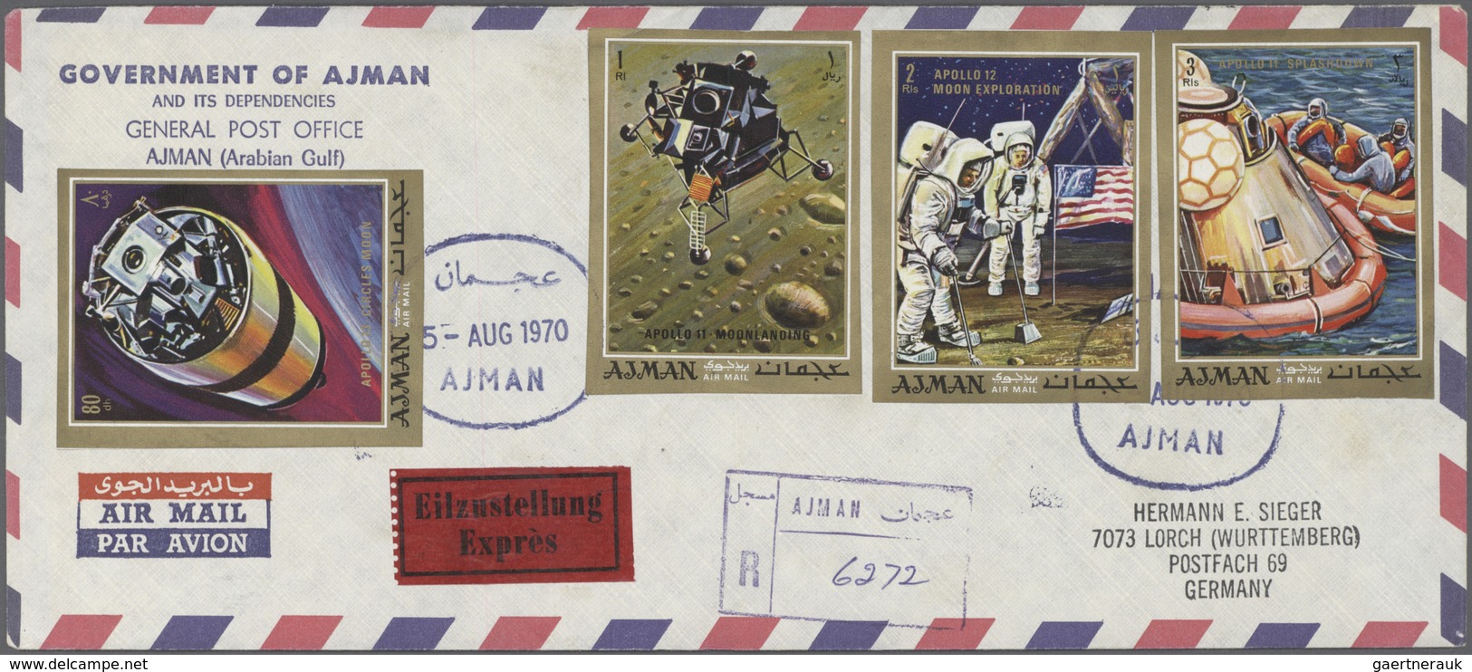 08019 Adschman / Ajman: 1970, Apollo 13, complete set perf./imperf., complete set of six de luxe sheets an